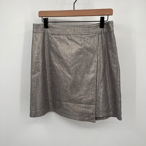Eileen Fisher Faux Wrap Skirt Size Petite M Silver Metallic Linen Blend - Picture 2 of 9